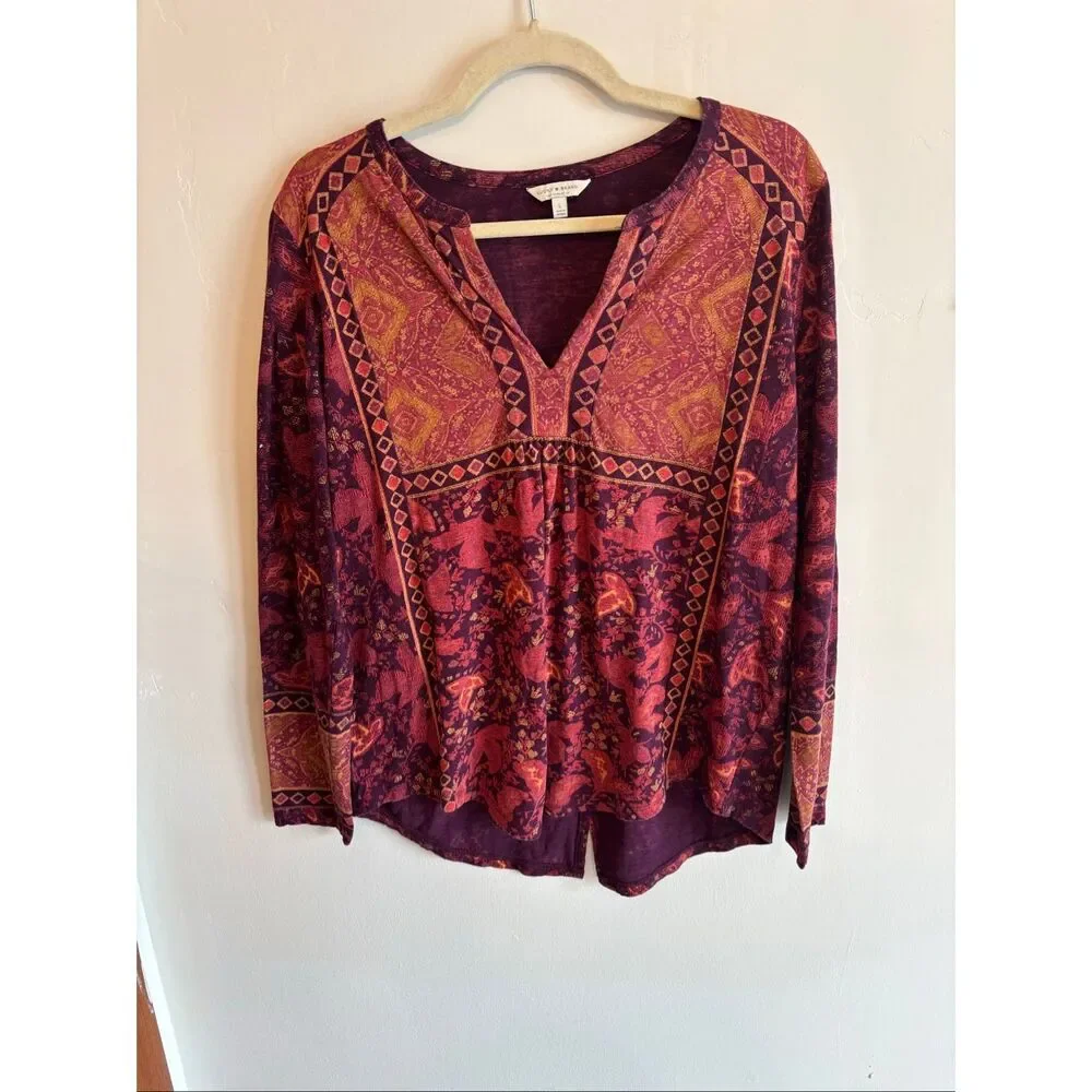 Lucky Brand Boho Long Sleeve Top Size Large Rust Red Orange V-Neck Relaxed Fit - Picture 2 of 9